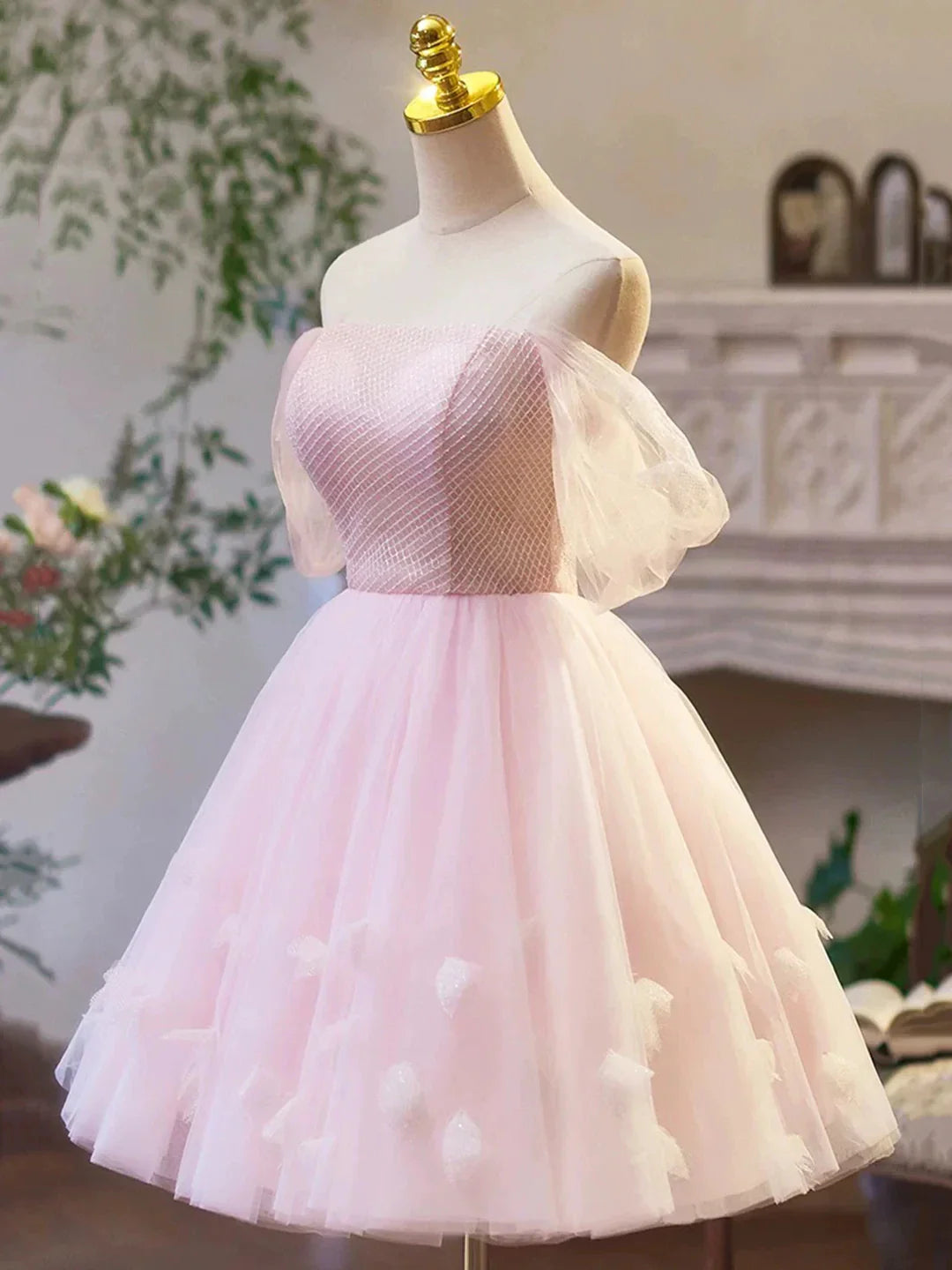 Pink Tulle Off the Shoulder Party Dress A-Line Knee Length Evening Dress