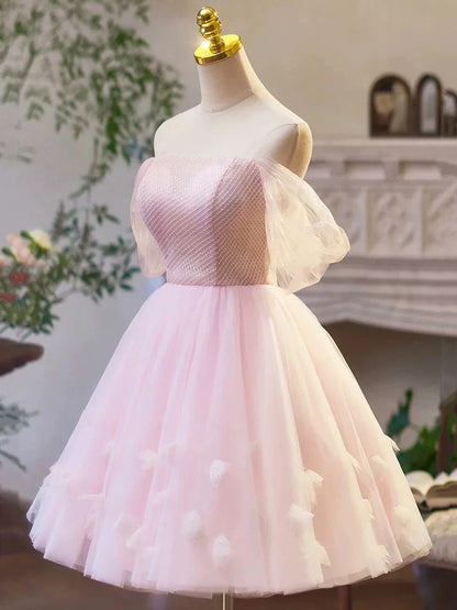 Pink Tulle Off the Shoulder Party Dress A-Line Knee Length Evening Dress