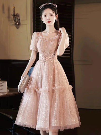 Pink Tulle Sequins Knee Length Party Dress Lovely Short Sleeve Homecoming Dress