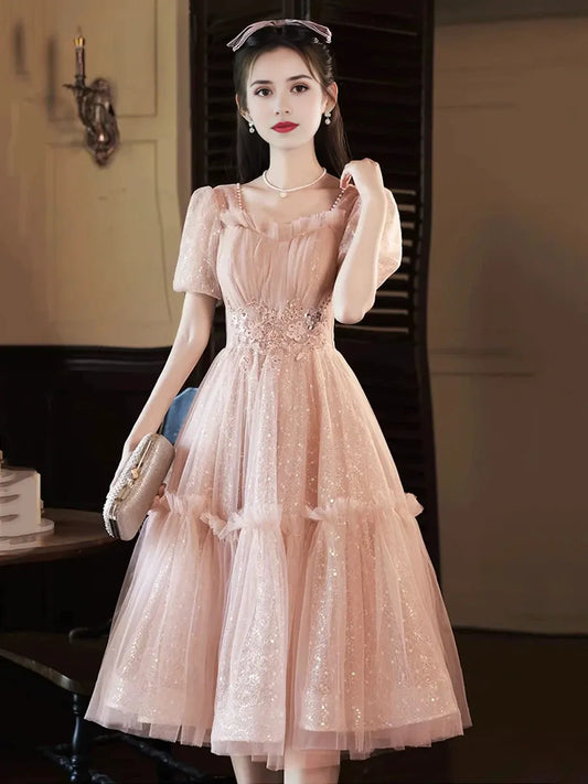 Pink Tulle Sequins Knee Length Party Dress Lovely Short Sleeve Homecoming Dress