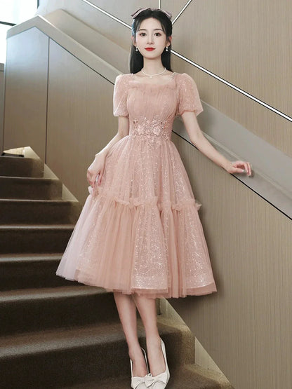 Pink Tulle Sequins Knee Length Party Dress Lovely Short Sleeve Homecoming Dress