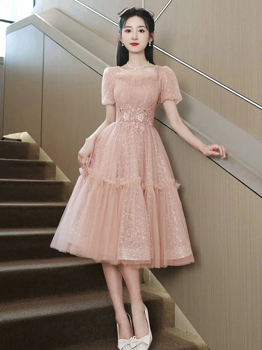 Pink Tulle Sequins Knee Length Party Dress Lovely Short Sleeve Homecoming Dress