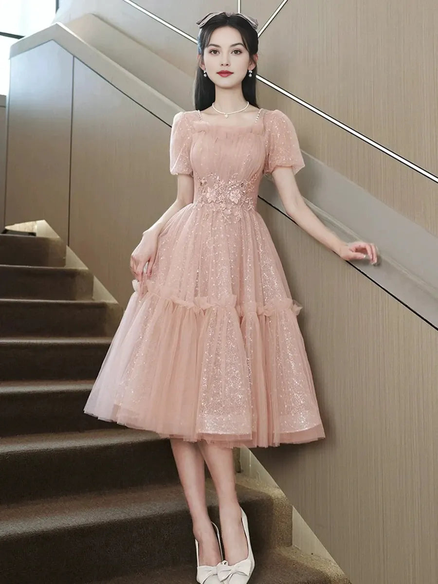 Pink Tulle Sequins Knee Length Party Dress Lovely Short Sleeve Homecoming Dress