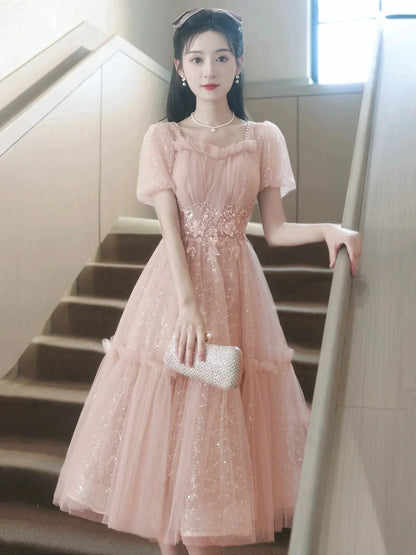 Pink Tulle Sequins Knee Length Party Dress Lovely Short Sleeve Homecoming Dress
