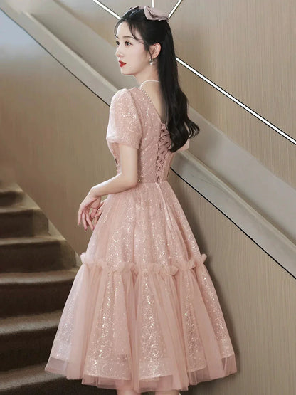 Pink Tulle Sequins Knee Length Party Dress Lovely Short Sleeve Homecoming Dress
