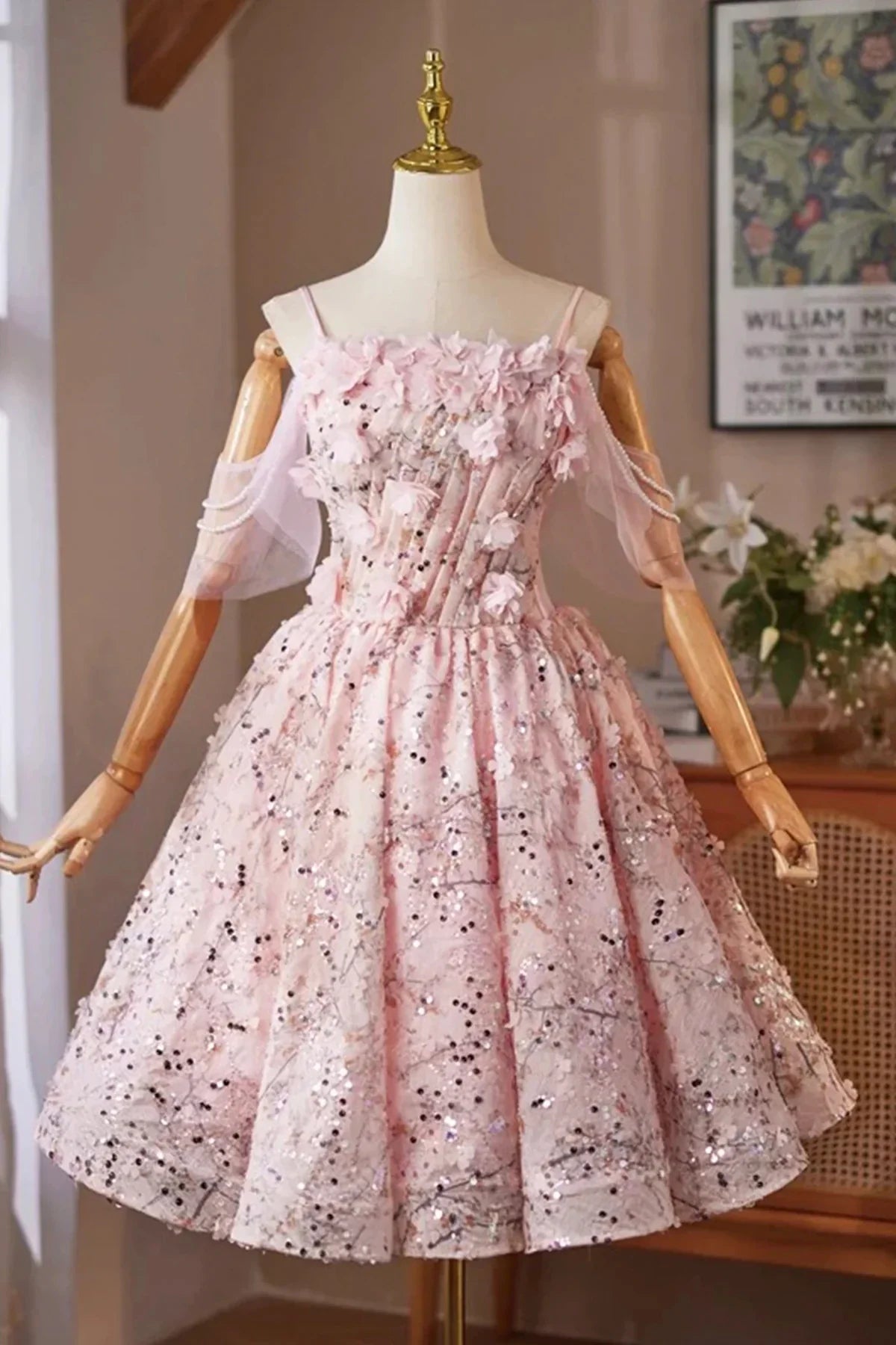 Pink Tulle Sequins Short Prom Dress Lovely A-Line Evening Party Dress
