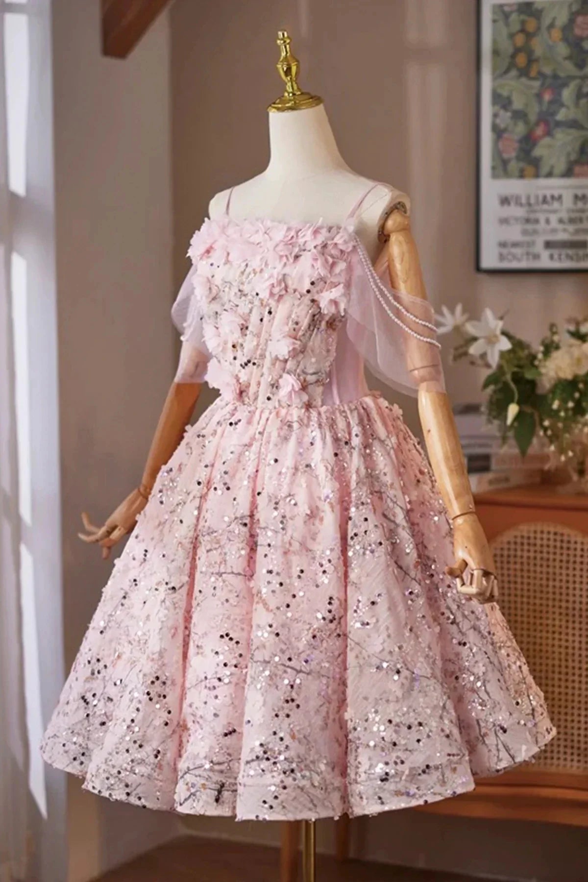Pink Tulle Sequins Short Prom Dress Lovely A-Line Evening Party Dress