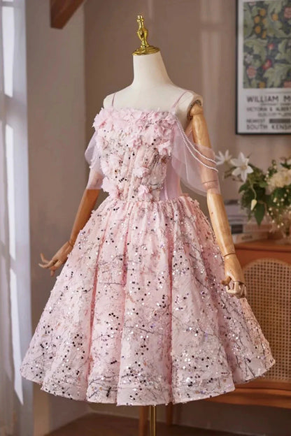 Pink Tulle Sequins Short Prom Dress Lovely A-Line Evening Party Dress