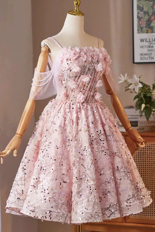 Pink Tulle Sequins Short Prom Dress Lovely A-Line Evening Party Dress