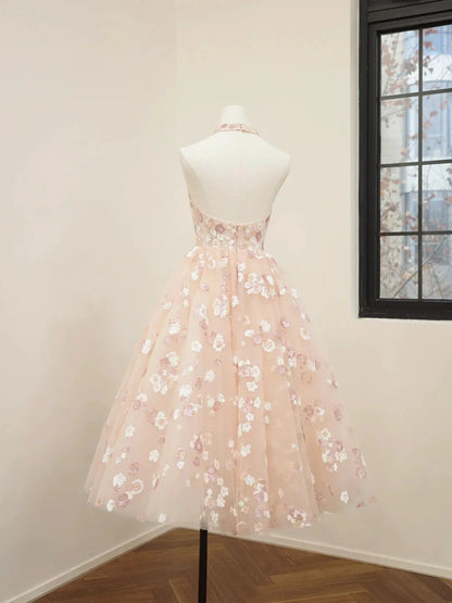 Pink V-Neck Tulle Sequins Short Prom Dress Cute A Line Backless Evening Party Dress