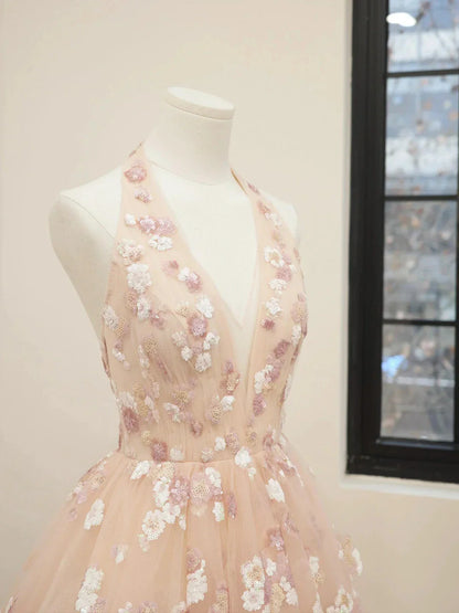 Pink V-Neck Tulle Sequins Short Prom Dress Cute A Line Backless Evening Party Dress