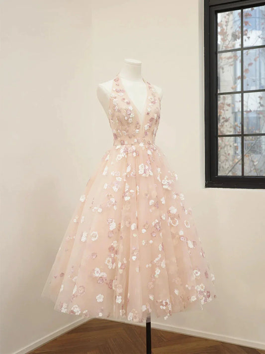 Pink V-Neck Tulle Sequins Short Prom Dress Cute A Line Backless Evening Party Dress