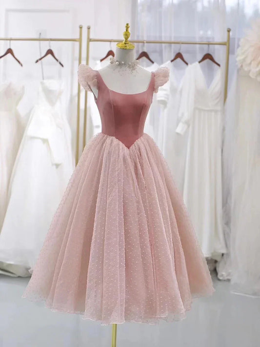 Pink Velvet Tulle Short Prom Dress Lovely A-Line Homecoming Party Dress
