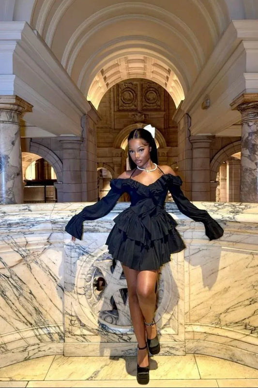 Playful A-Line Off-the-Shoulder Long Sleeve Ruffled Black Short Homecoming Dress