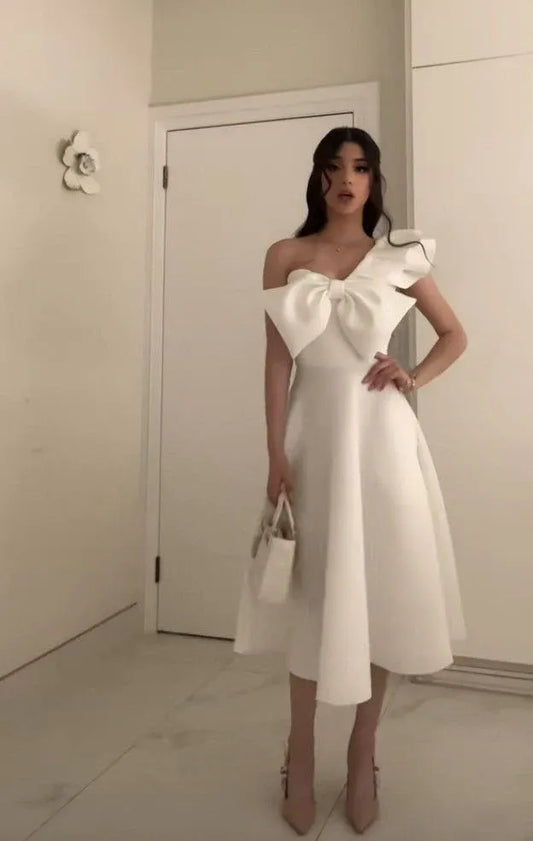 Playful A-Line One-Shoulder Bow-Accent Satin White Midi Evening Dress for Women