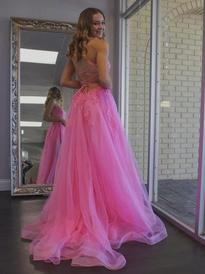 Playful A-Line Spaghetti Strap Lace Pink Floor-Length Party Dress