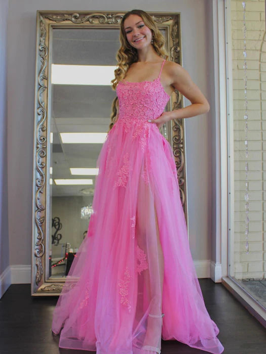 Playful A-Line Spaghetti Strap Lace Pink Floor-Length Party Dress