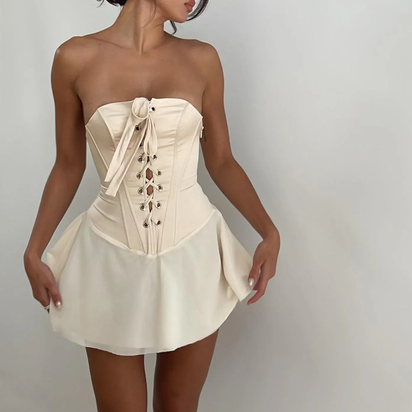 Playful A-Line Strapless Corset Lace-Up Cream Mini Homecoming Dress For Ladies