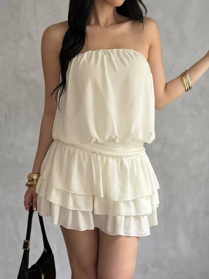 Playful A-Line Strapless Pleated Tiered Ruffled Off White Mini Homecoming Dress
