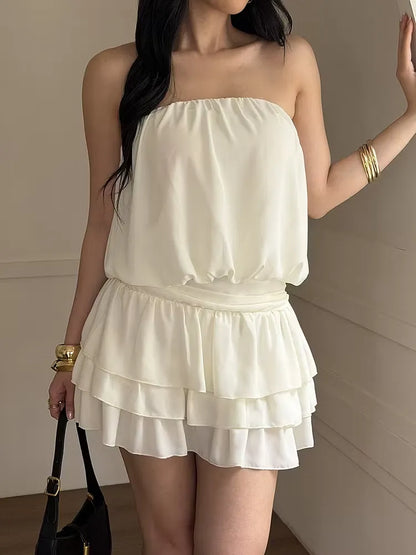Playful A-Line Strapless Pleated Tiered Ruffled Off White Mini Homecoming Dress