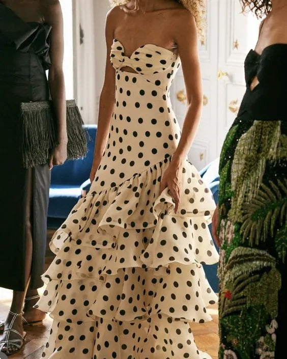 Playful A-Line Strapless Sleeveless Polka-Dot Ruffled Ivory Maxi Evening Dress for Women