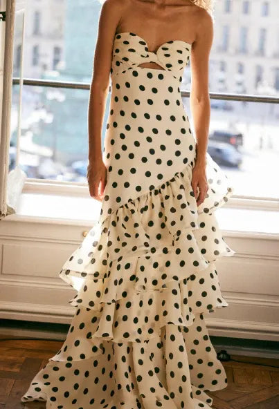 Playful A-Line Strapless Sleeveless Polka-Dot Ruffled Ivory Maxi Evening Dress for Women