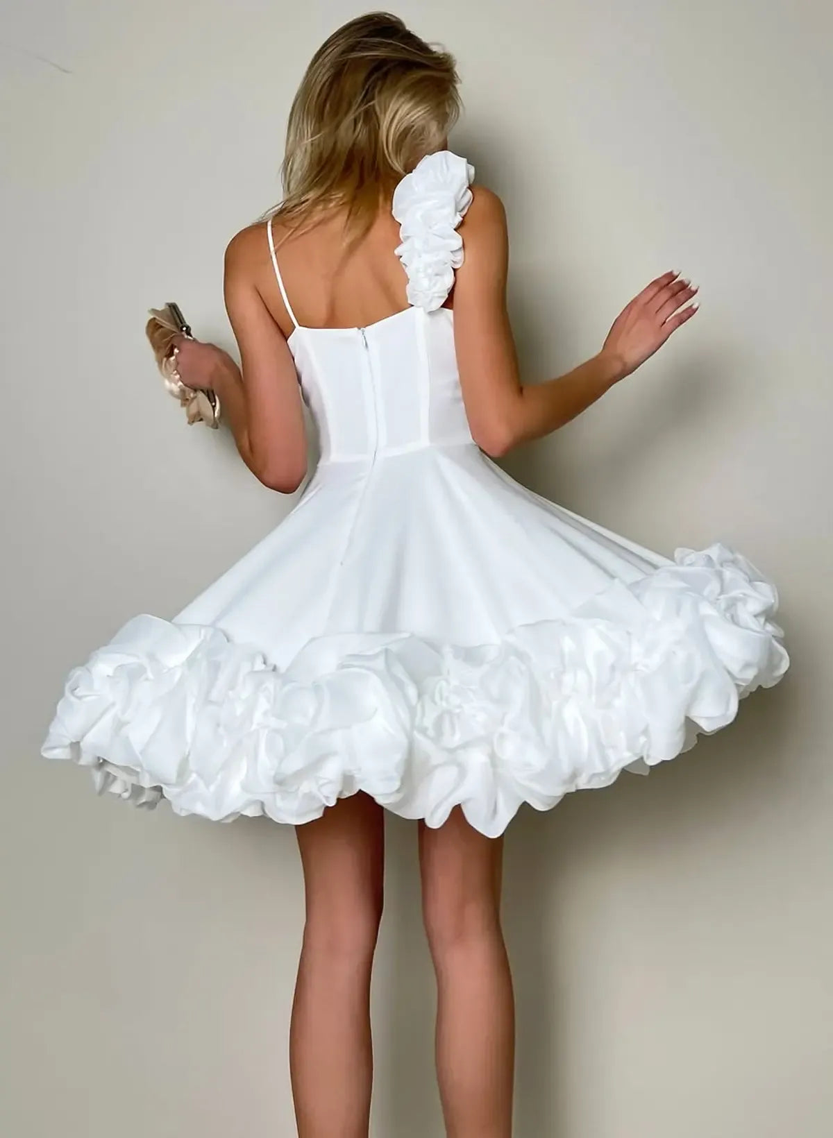Playful A-Line Sweetheart Flower Ruffled Satin White Short Homecoming Dress