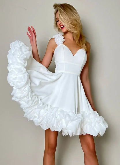 Playful A-Line Sweetheart Flower Ruffled Satin White Short Homecoming Dress