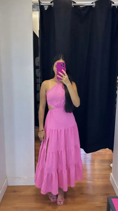 Playful A-line Halter Neck Sleeveless Cutout Hot Pink Maxi Prom Dress for Women Ready to Ship