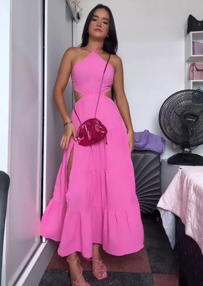 Playful A-line Halter Neck Sleeveless Cutout Hot Pink Maxi Prom Dress for Women Ready to Ship