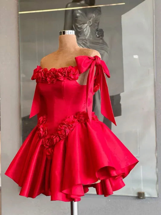 Playful Ballgown Off-Shoulder Sleeveless Flower-Accent Satin Red Mini Evening Dress for Women