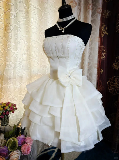 Playful Ballgown Strapless Sleeveless Beaded White Mini Prom Dress for Women Hot Sale