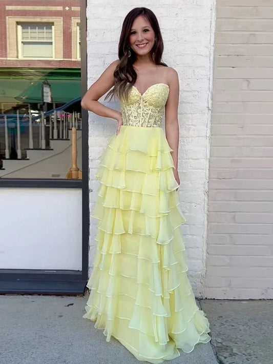Playful Ballgown Sweetheart Sleeveless Ruffled Chiffon Yellow Floor-Length Evening Dress for Women