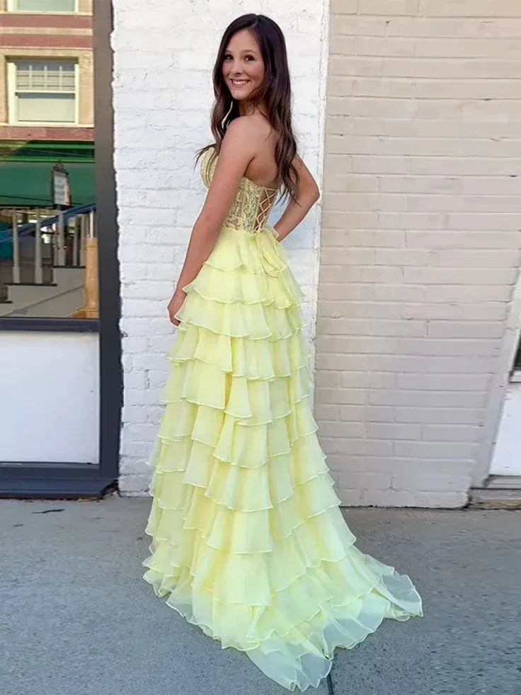 Playful Ballgown Sweetheart Sleeveless Ruffled Chiffon Yellow Floor-Length Evening Dress for Women