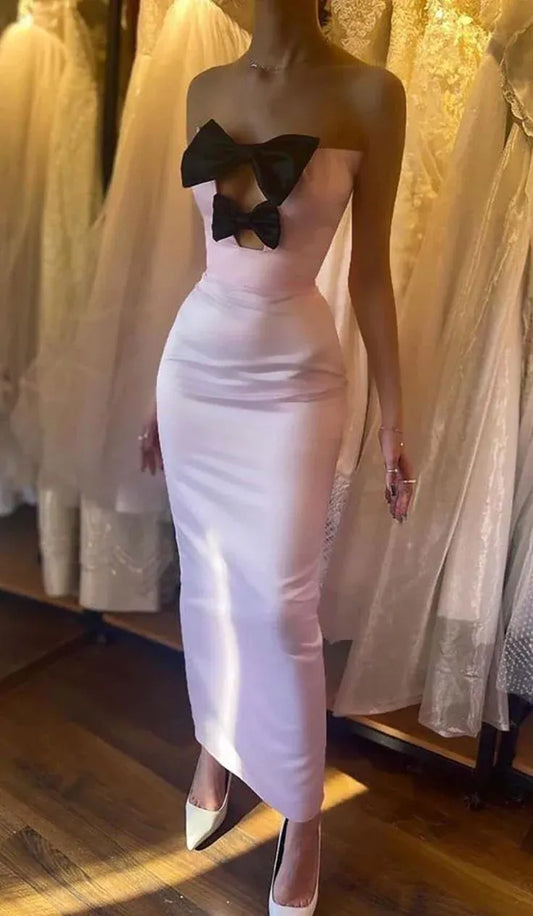 Playful Sheath Strapless Bow-Accented Crepe Blush Pink Midi Evening Dress for Women