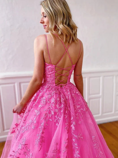 Playful Square Neck Spaghetti Strap Lace Hot Pink Prom Dress