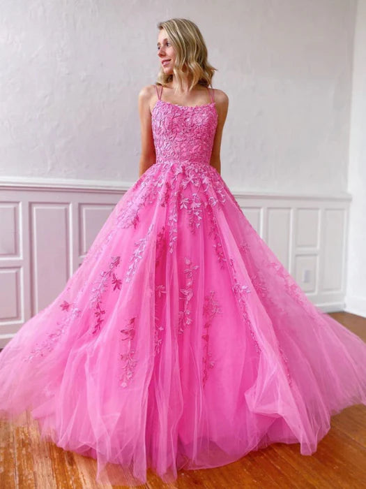 Playful Square Neck Spaghetti Strap Lace Hot Pink Prom Dress