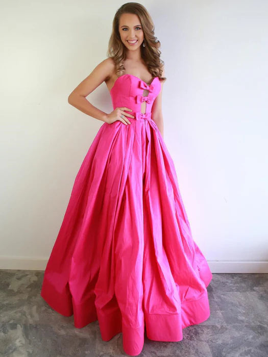 Playful Strapless Sleeveless Bow Hot Pink Floor-Length Prom Dress