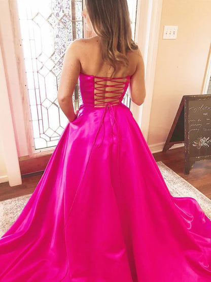 Playful Strapless Sleeveless Satin Hot Pink Floor-Length Prom Dress