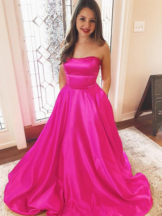 Playful Strapless Sleeveless Satin Hot Pink Floor-Length Prom Dress