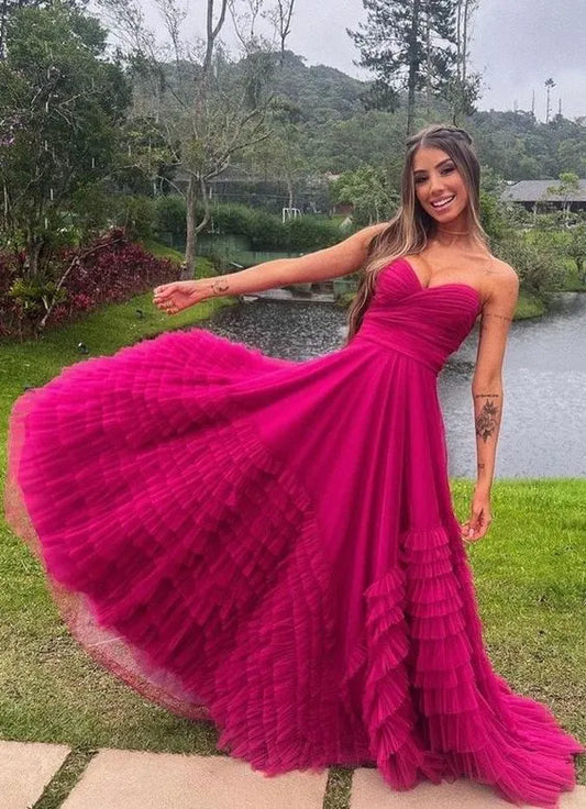 Playful Tulle Floor-Length Evening Dress Magenta Sweetheart Strapless Formal Women