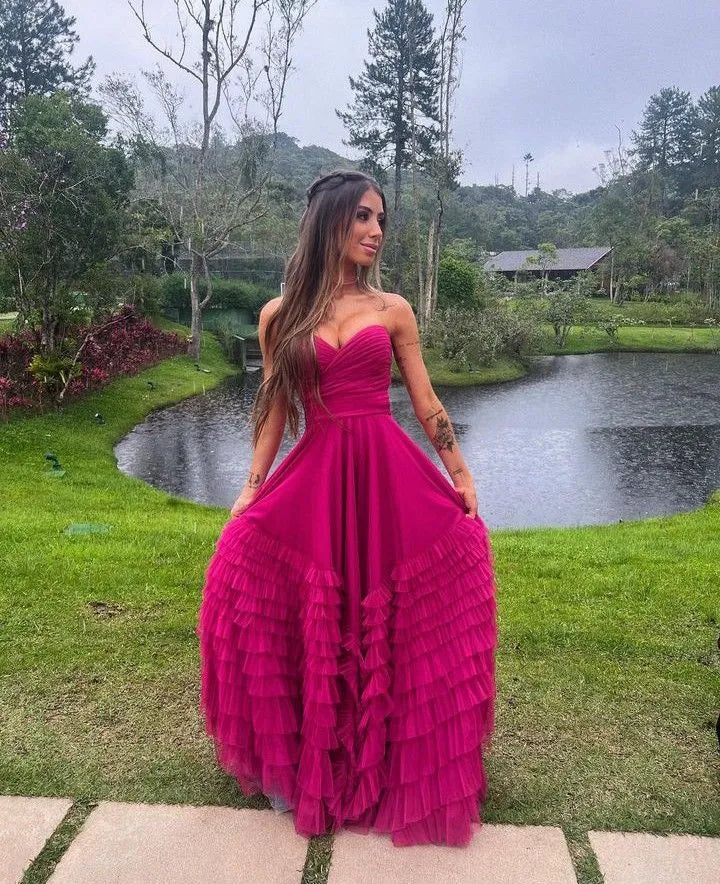 Playful Tulle Floor-Length Evening Dress Magenta Sweetheart Strapless Formal Women