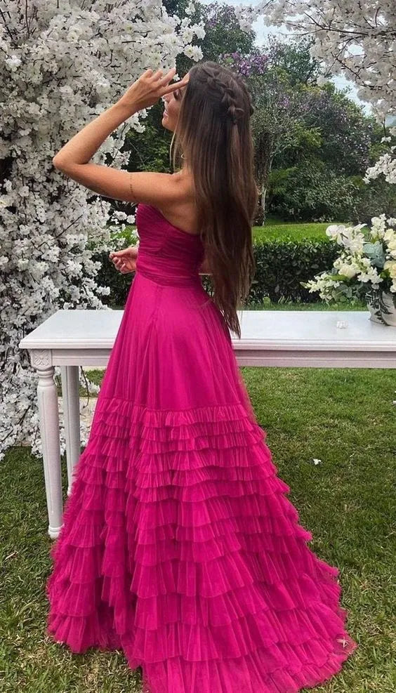 Playful Tulle Floor-Length Evening Dress Magenta Sweetheart Strapless Formal Women