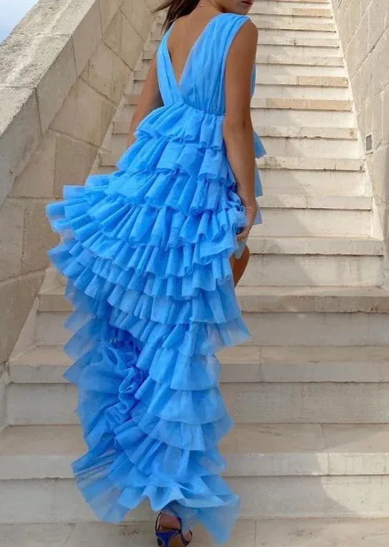 Playful Tulle High-Low Evening Dress Turquoise Deep V-Sleeveless Formal Women