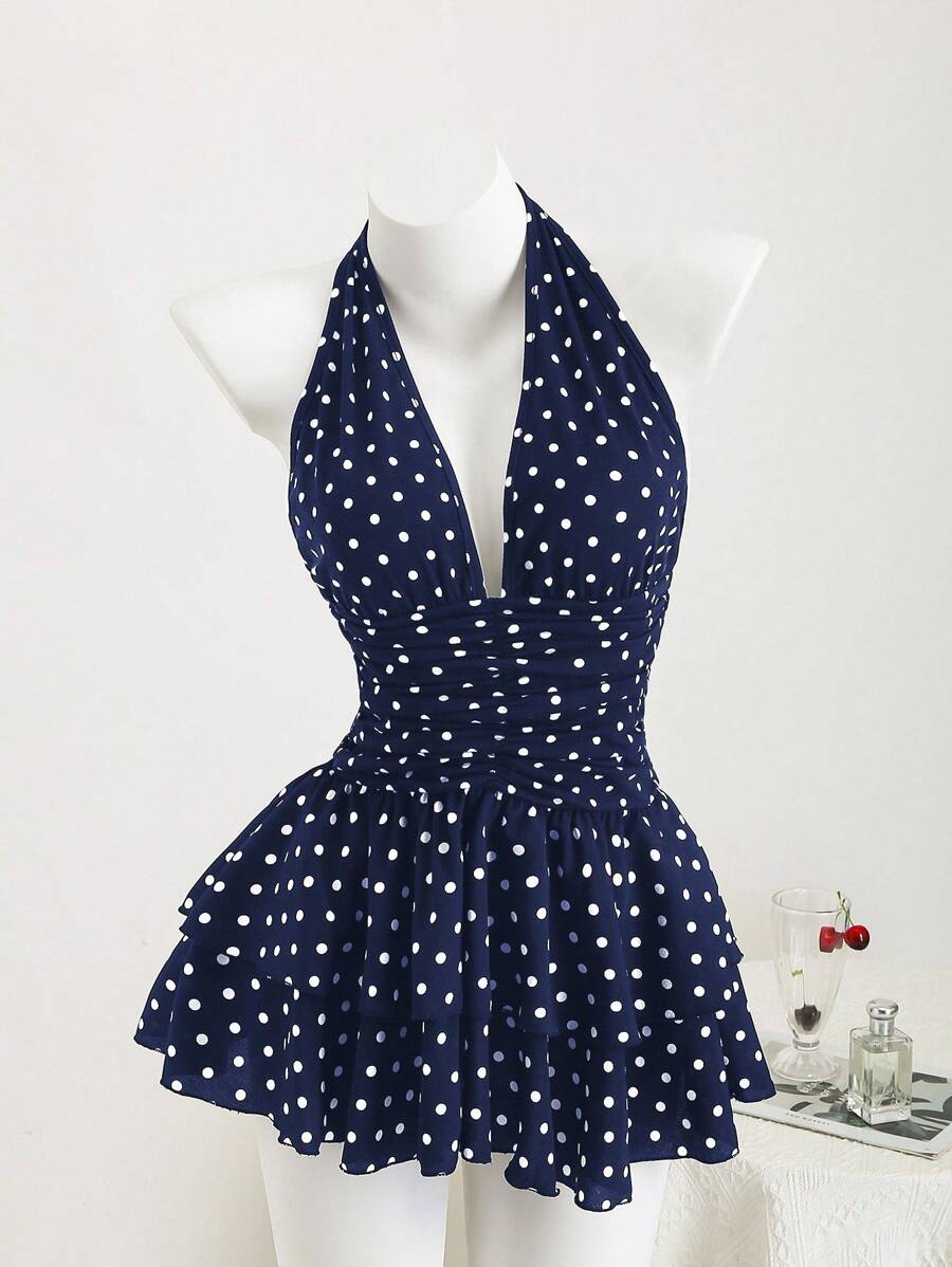 Playful A-Line Halter V-Neck Polka Dot Tiered Navy Blue Mini Homecoming Dress