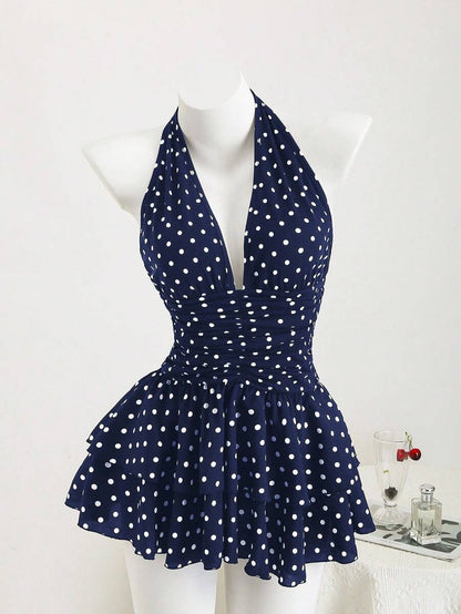 Playful A-Line Halter V-Neck Polka Dot Tiered Navy Blue Mini Homecoming Dress
