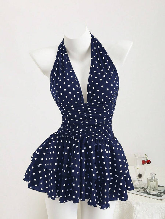 Playful A-Line Halter V-Neck Polka Dot Tiered Navy Blue Mini Homecoming Dress