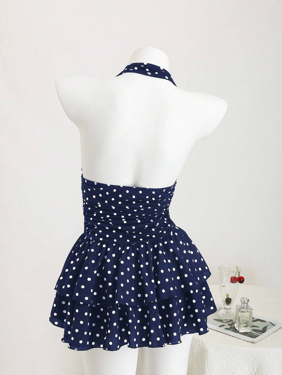 Playful A-Line Halter V-Neck Polka Dot Tiered Navy Blue Mini Homecoming Dress