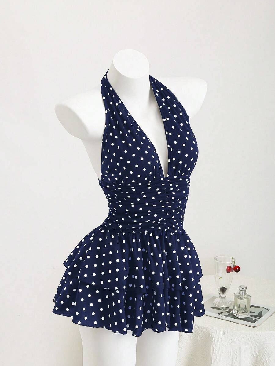 Playful A-Line Halter V-Neck Polka Dot Tiered Navy Blue Mini Homecoming Dress