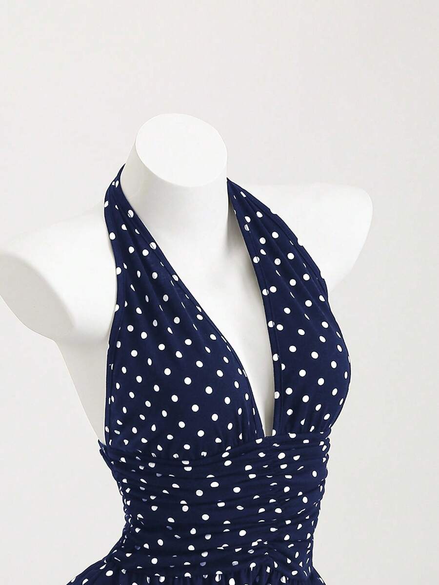 Playful A-Line Halter V-Neck Polka Dot Tiered Navy Blue Mini Homecoming Dress